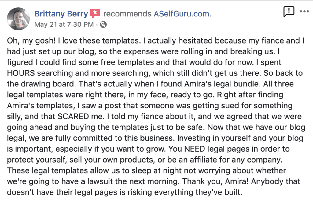 legal pages for websites, Brittany testimonial of aselfguru Amira's legal templates