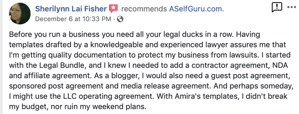 A Self Guru testimonials reviews Amira's legal templates testimonials