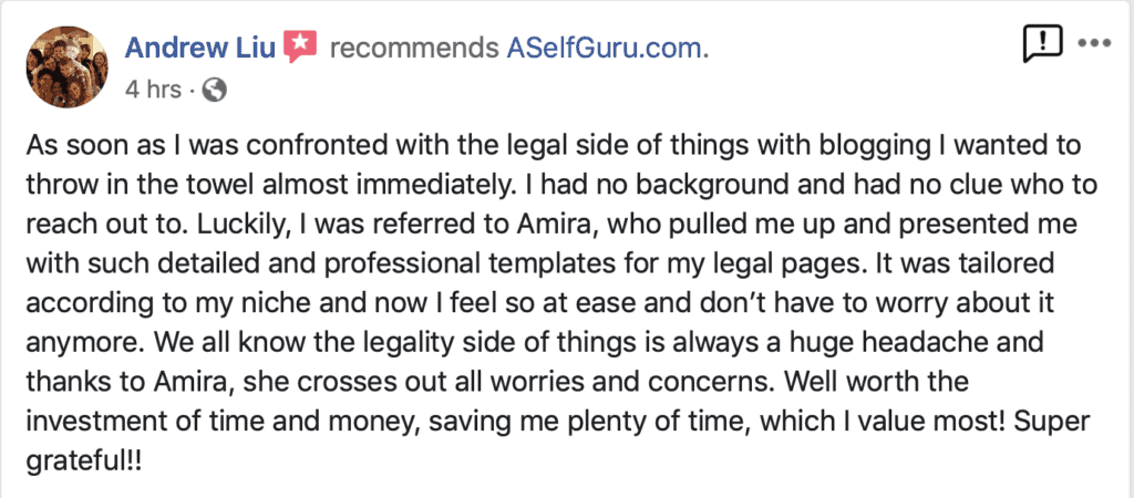 Andrew Liu Testimonial ASelfGuru Legal Bundle review, Amira's legal templates