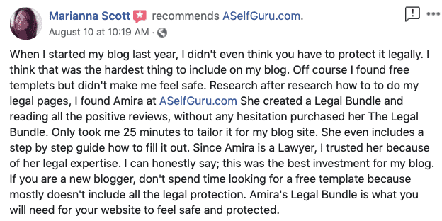 Free legal templates, testimonial, ASelfGuru Legal Bundle review, Amira's legal templates