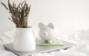 white piggy bank on top of laptop beside a plant in a white pot 