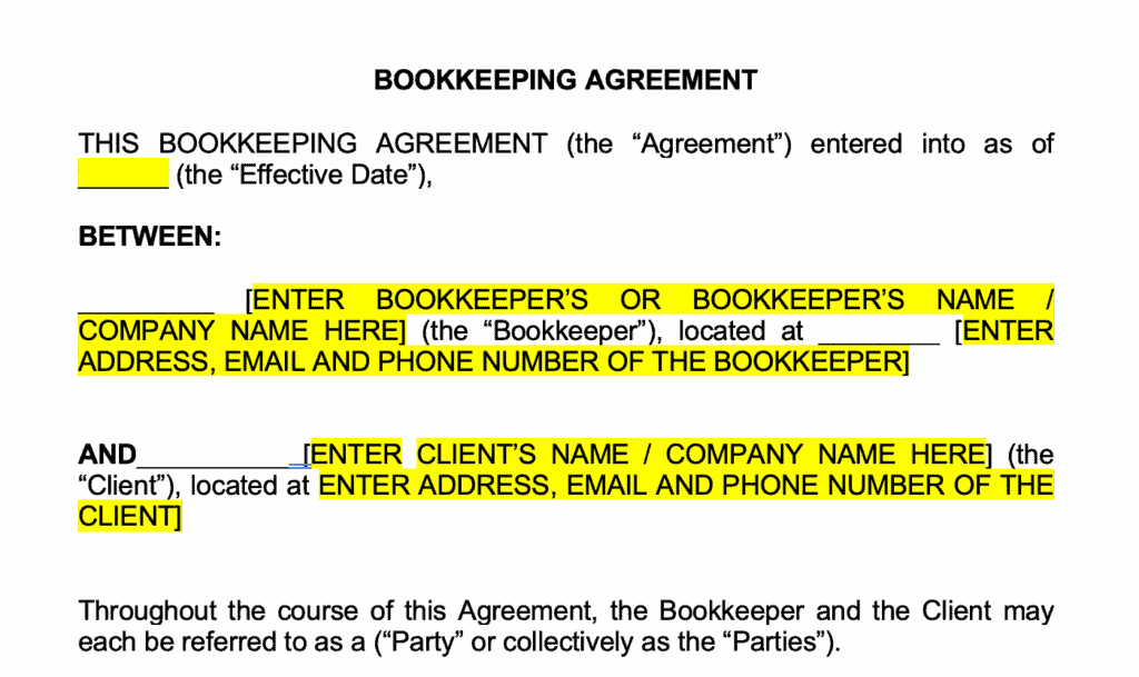 Bookkeeping Agreement template inside