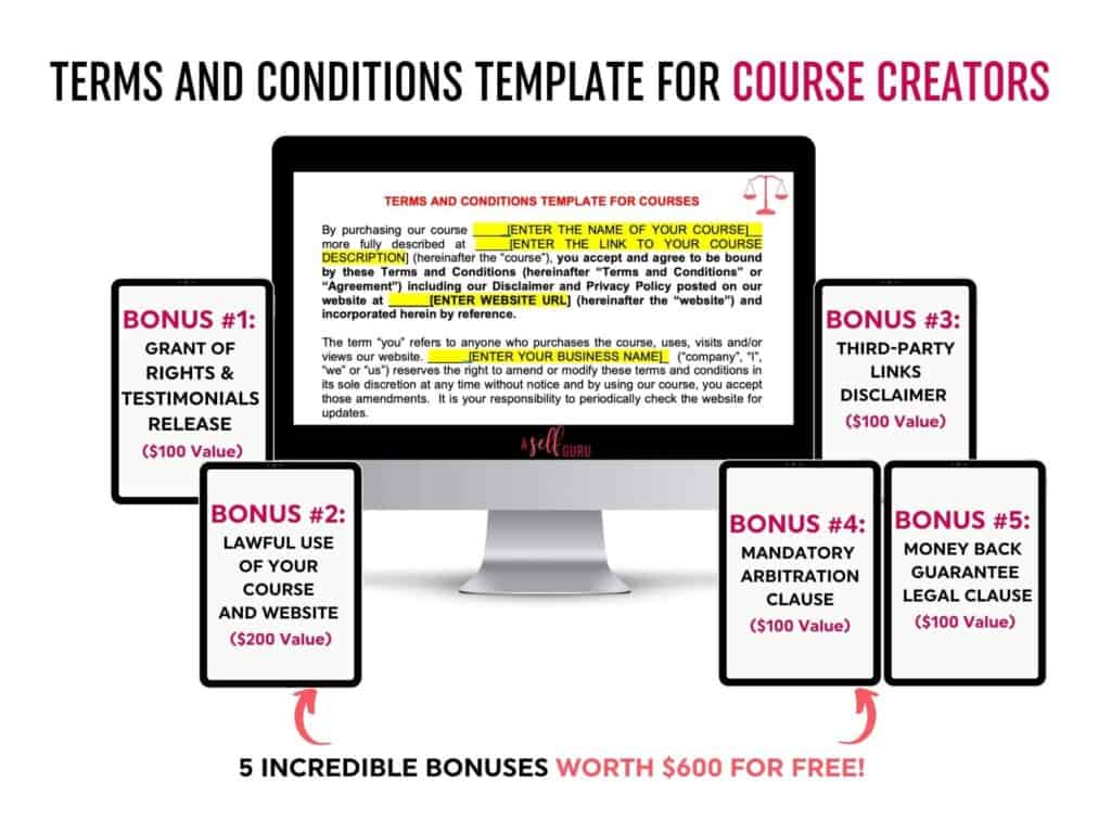 Online course agreement template, Terms and Conditions template for courses, online courses, course creators to legally protect their course and business.