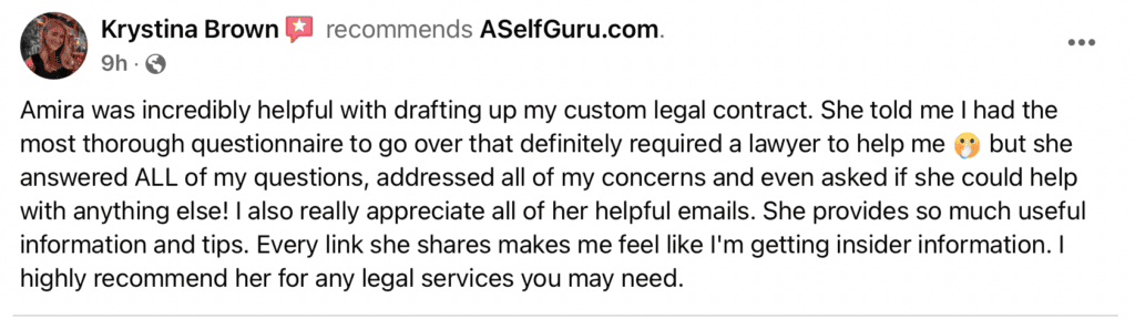 Krystina custom contract drafting testimonial for A Self Guru