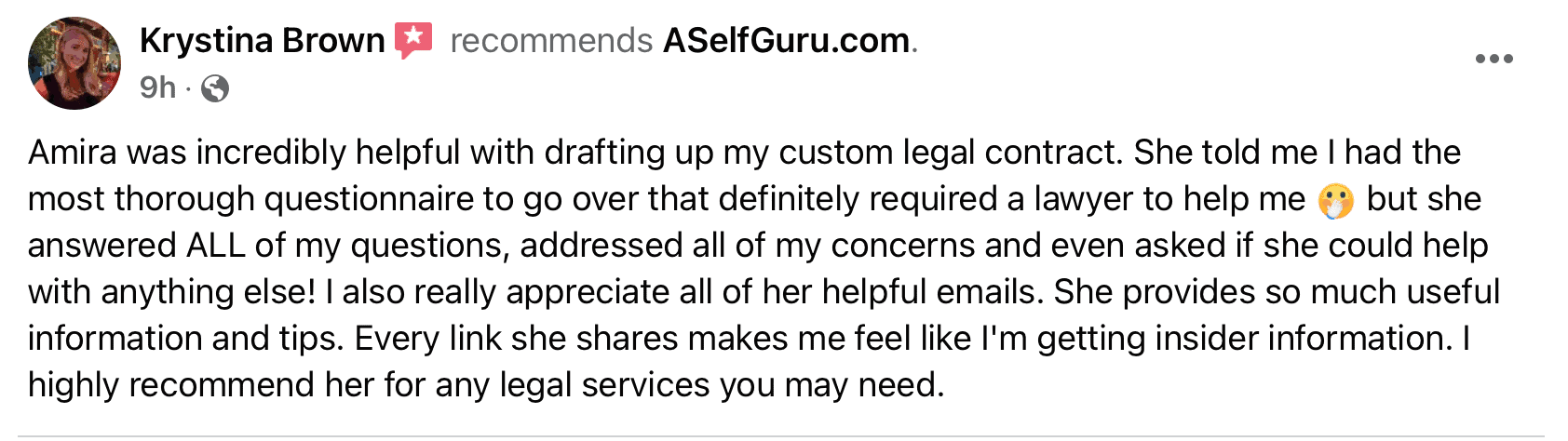 Krystina custom contract drafting testimonial for A Self Guru