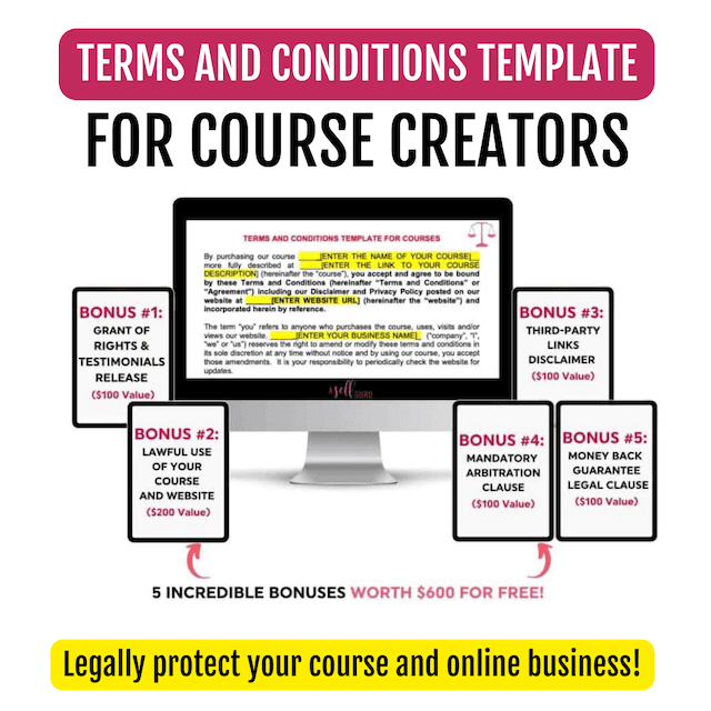 Online course agreement template, Terms and Conditions template for courses, online courses, course creators to legally protect their course and business.