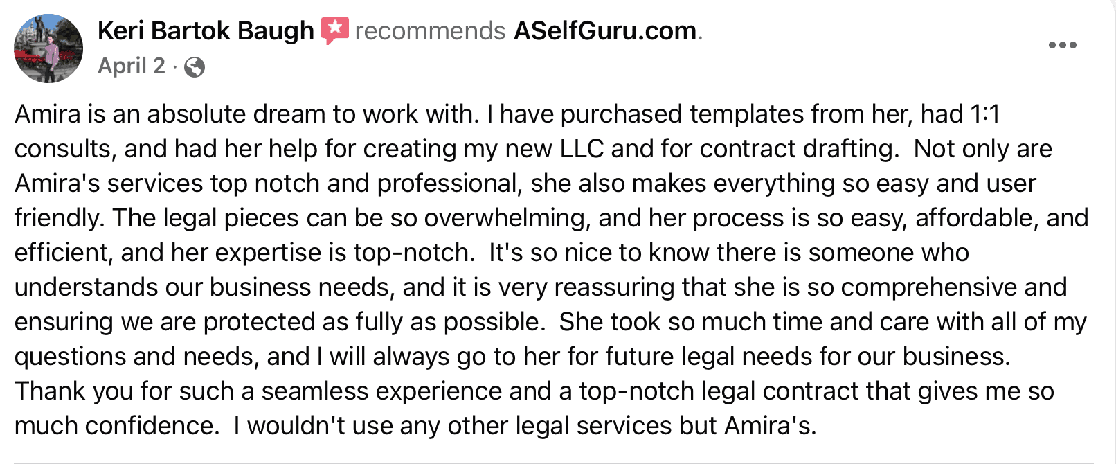 Keri bartok testimonial (LLC, consult, contract drafting)
